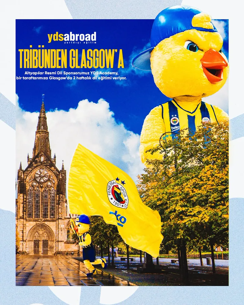 Tribünden Glasgow'a: Fenerbahçe maskotu Glasgow Katedrali önünde bayrak taşıyor. Bir taraftara Glasgow'da 2 haftalık dil eğitimi.