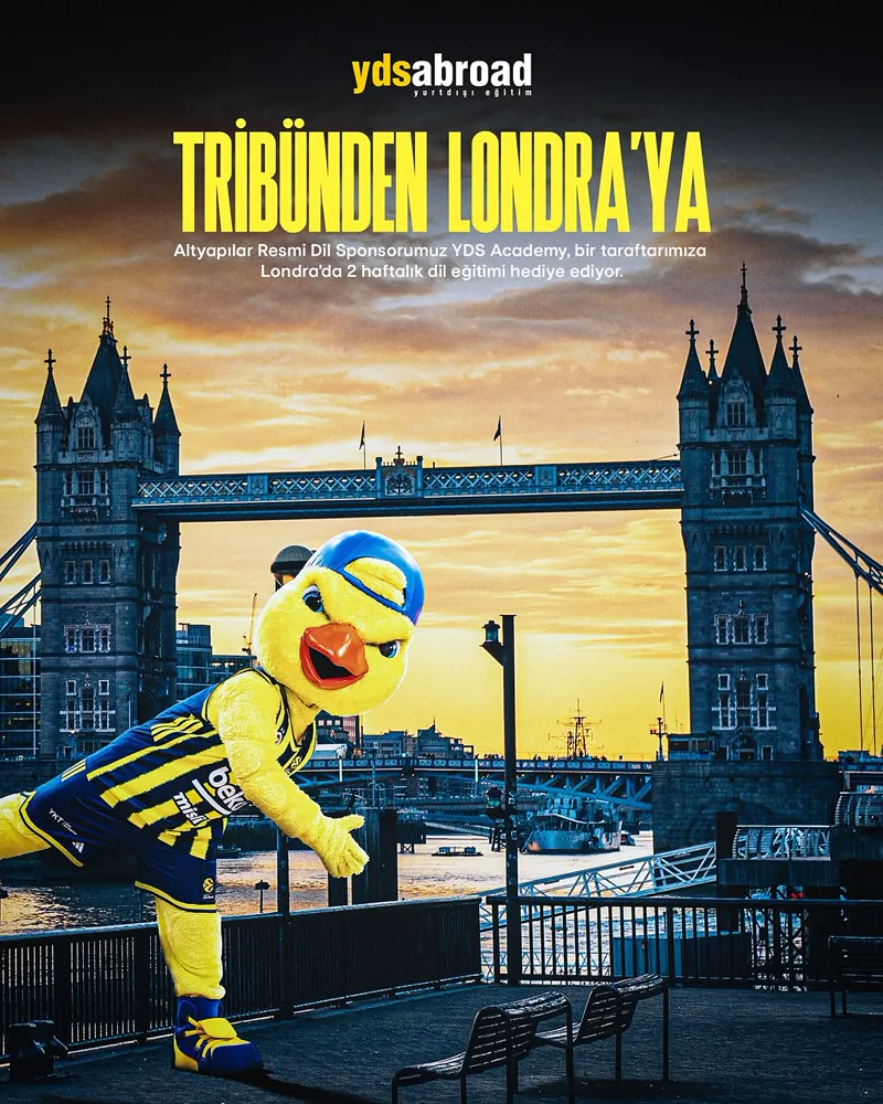 Tribünden Londra'ya: Fenerbahçe maskotu Tower Bridge önünde. Bir taraftara Londra'da 2 haftalık dil eğitimi.